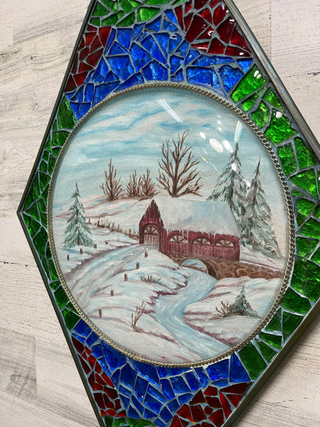 Stain Glass Winter Barn Painting