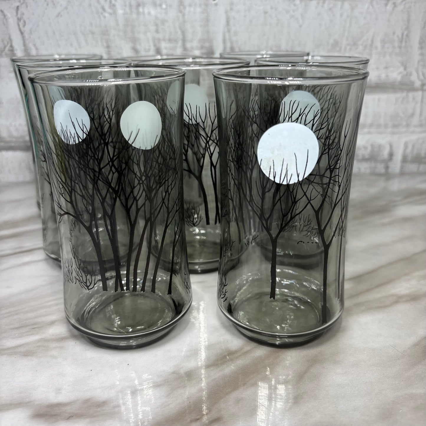 Smoked Gray Black Tree Moon Design Set Of 8 Glasses