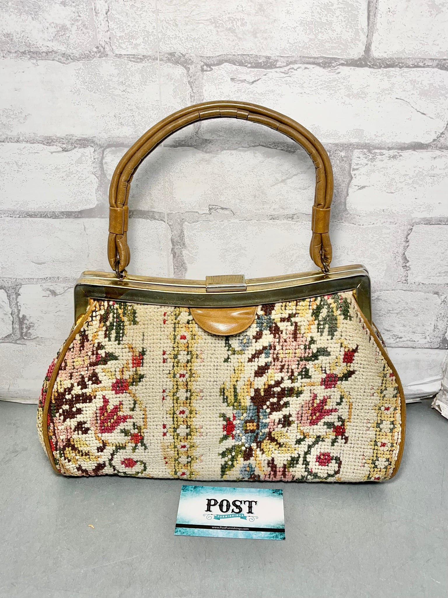 Mid-Century Embroidered Needlepoint Floral Tapestry Handbag