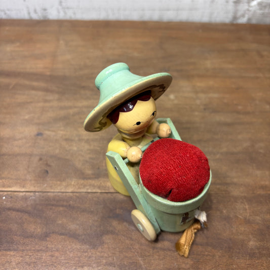 Vintage Wood Figure Pushing Cart Pin Cushion Tape Measure