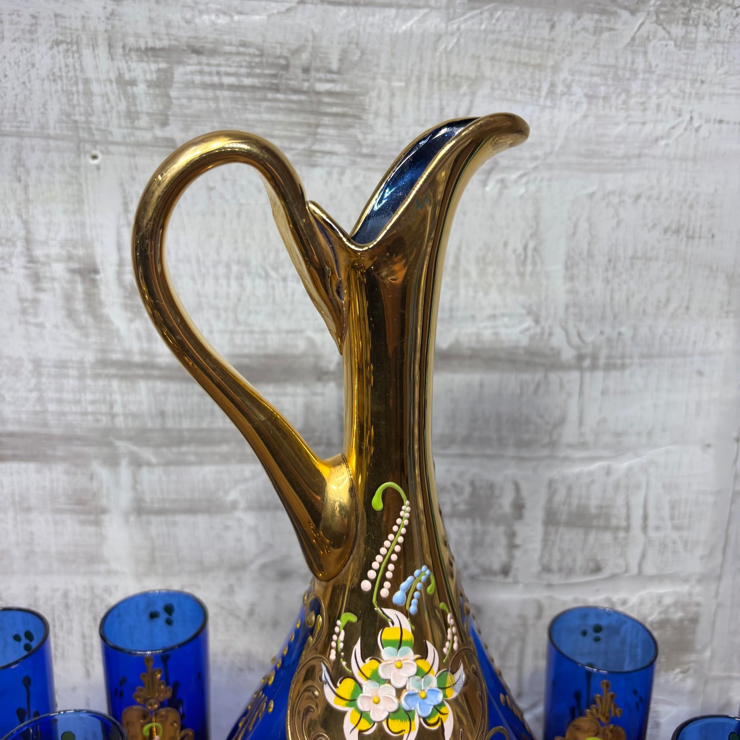 Vintage Venetian Italian Colbalt Blue Hand painted Decanter and Six Glasses