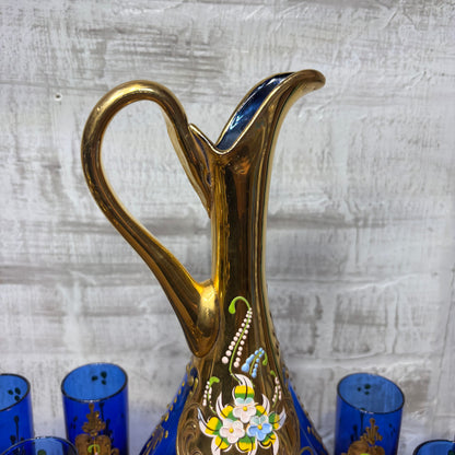 Vintage Venetian Italian Colbalt Blue Hand painted Decanter and Six Glasses