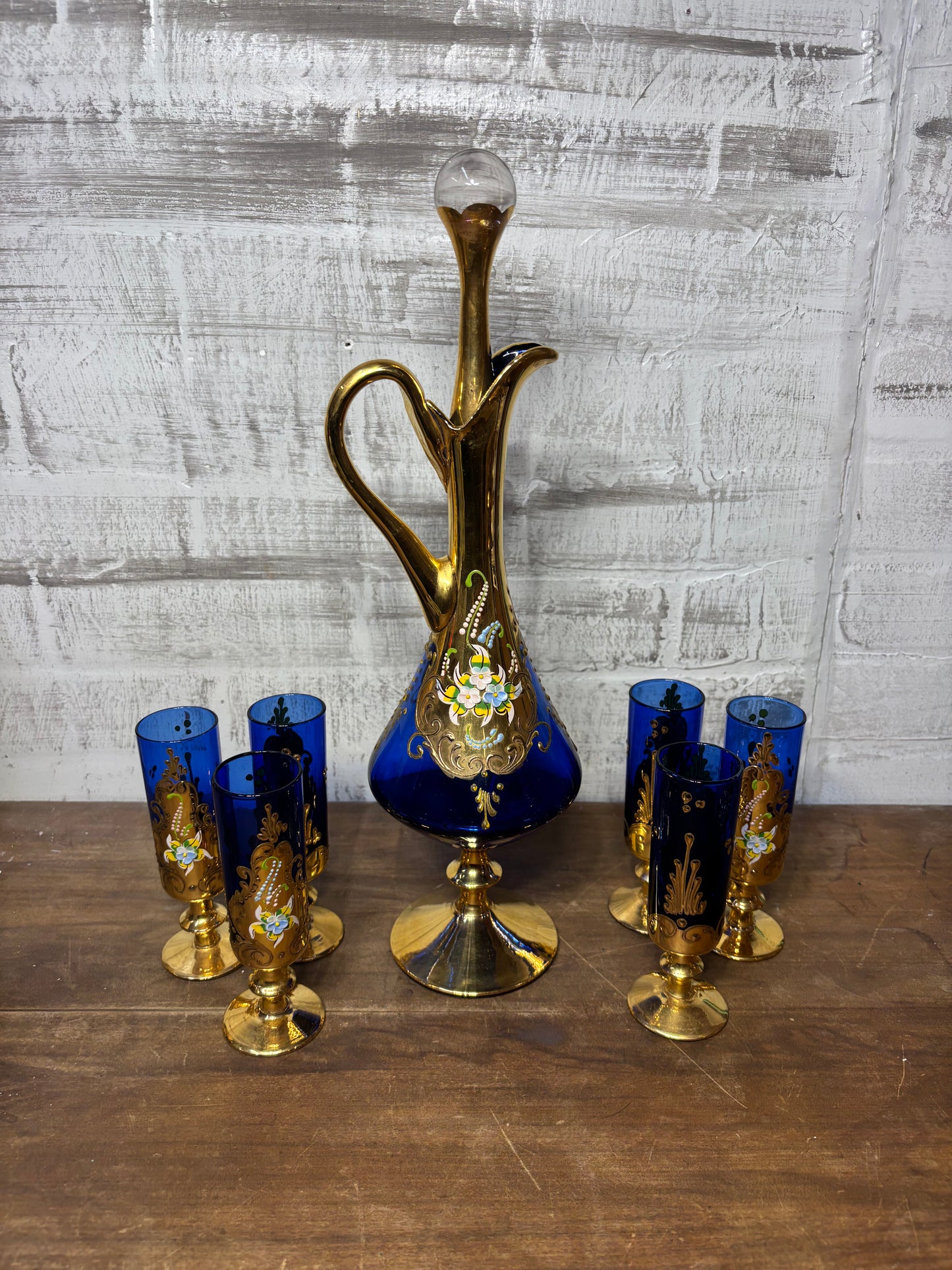 Vintage Venetian Italian Colbalt Blue Hand painted Decanter and Six Glasses