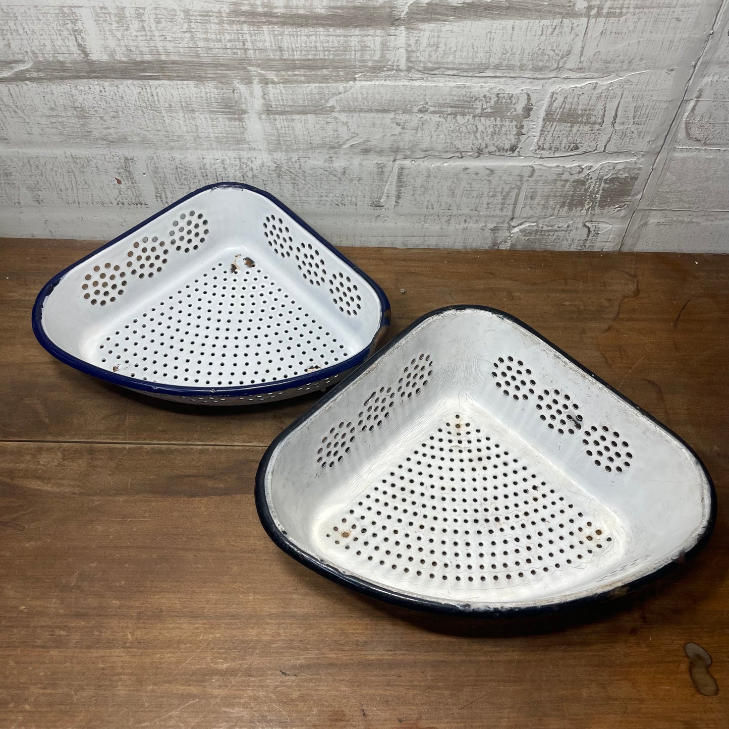 Vintage Enamel Corner Strainer Set Of 2