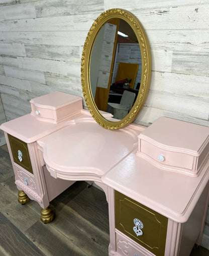 Pink & Gold Antique Vanity Desk & Mirror