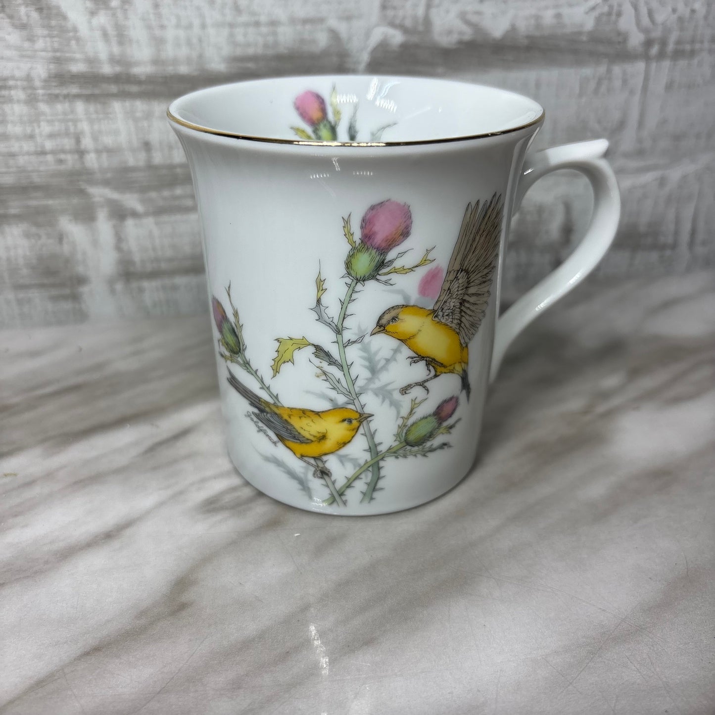 Vintage Porcelain Yellow Bird Gold Trim Mug