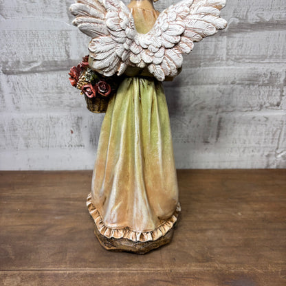 Decorative Angel Figurine W/ Basket Of Roses