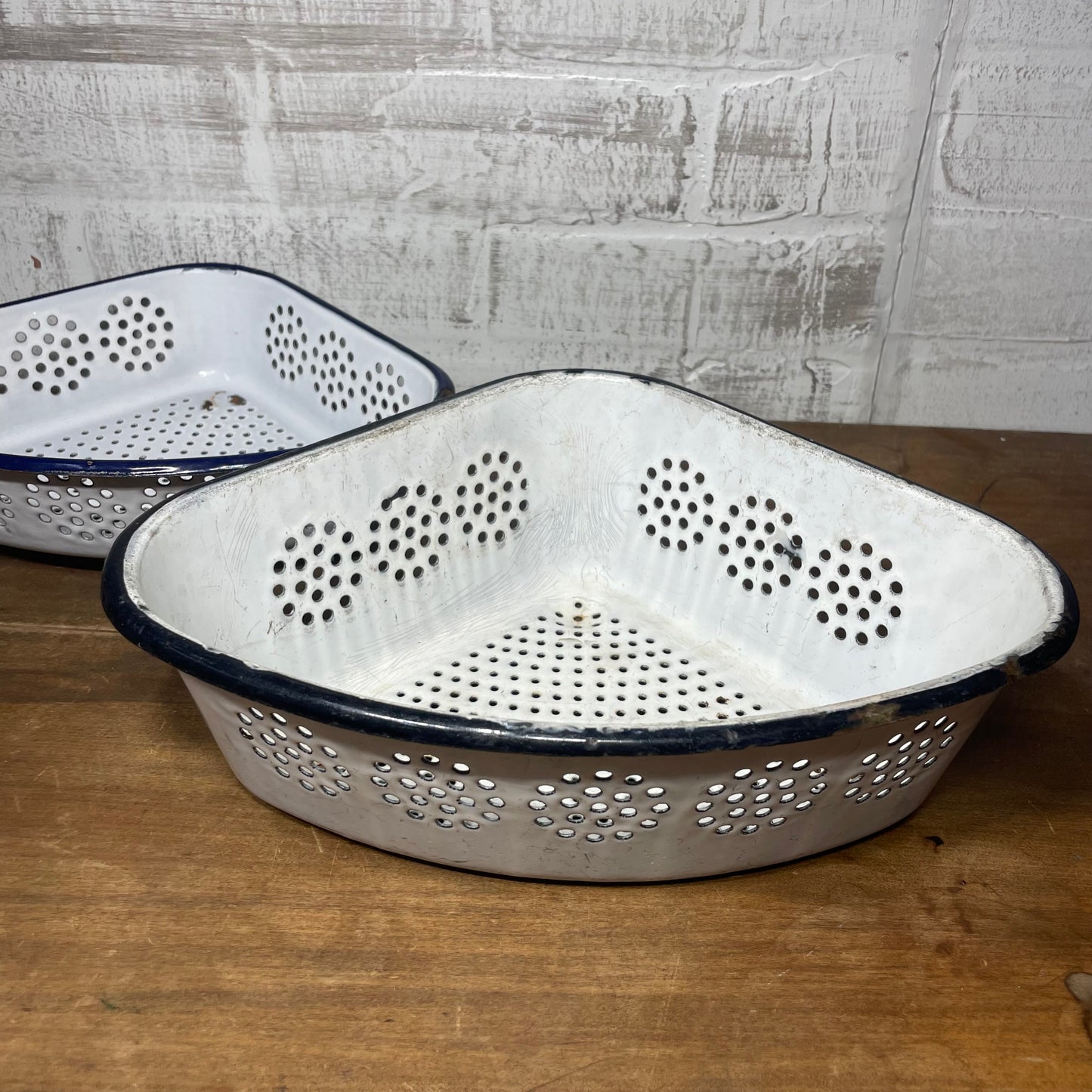 Vintage Enamel Corner Strainer Set Of 2