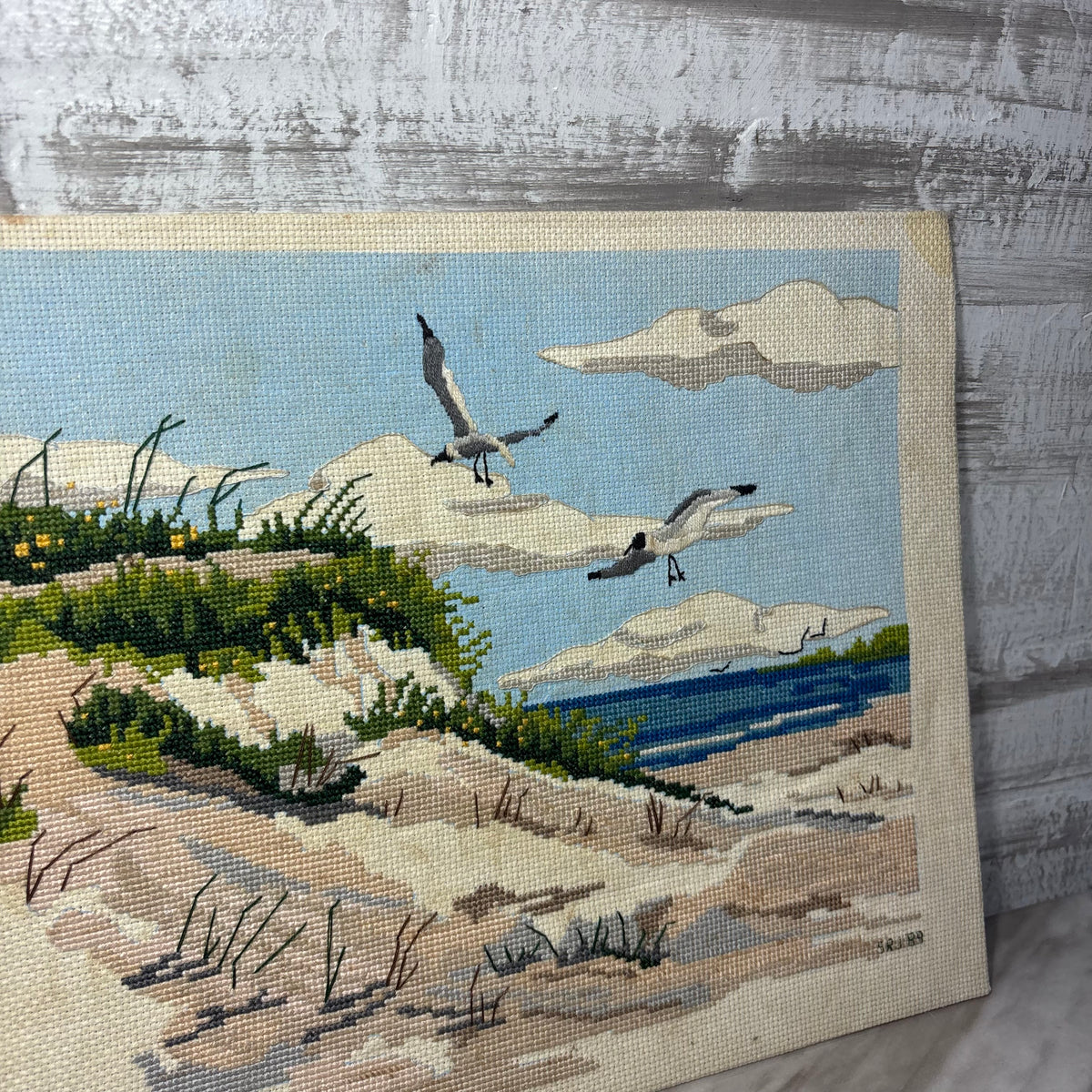 Vintage Signed Coastal Beach Scene Cross Stitch Panel