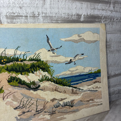 Vintage Signed Coastal Beach Scene Cross Stitch Panel