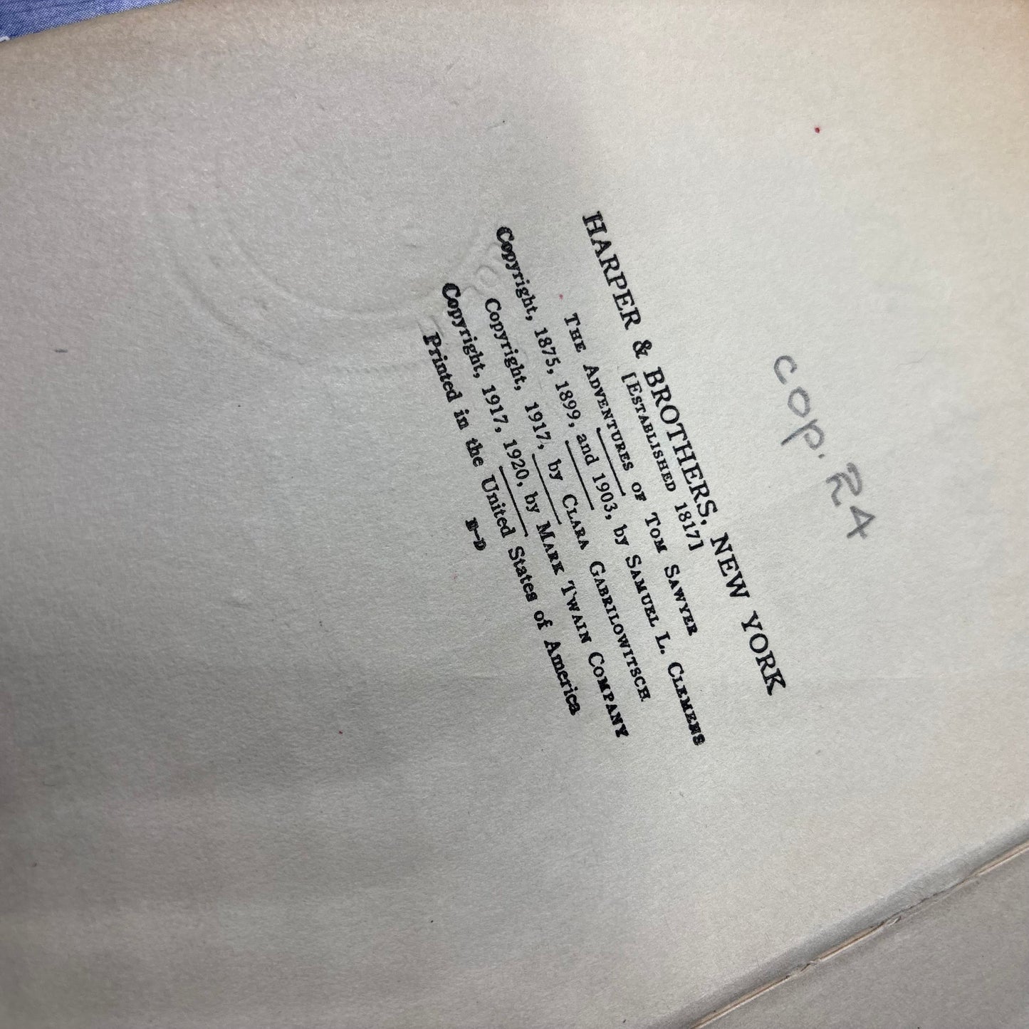 Antique 1920 Hardcover Edition Of The Adventures of Tom Sawyer by Mark Twain