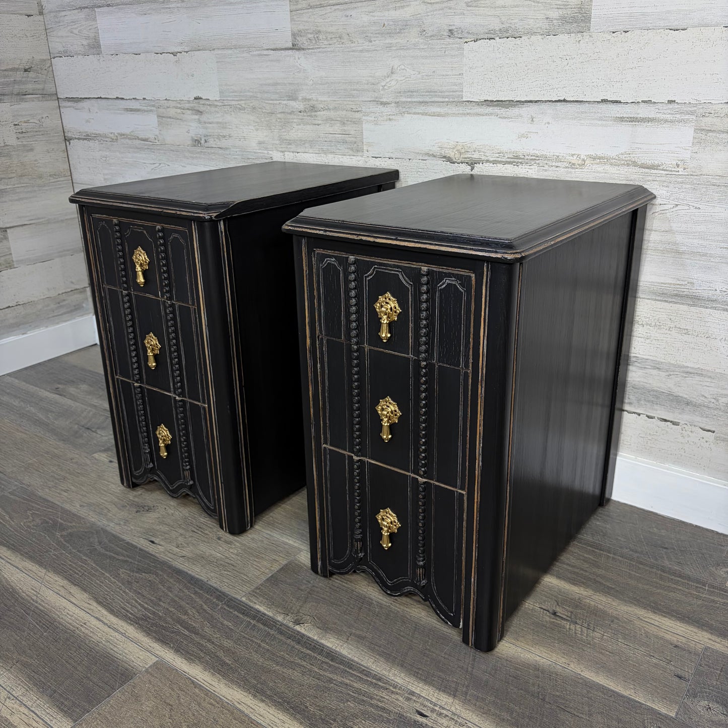Set Of 2 Antique Black Nightstands