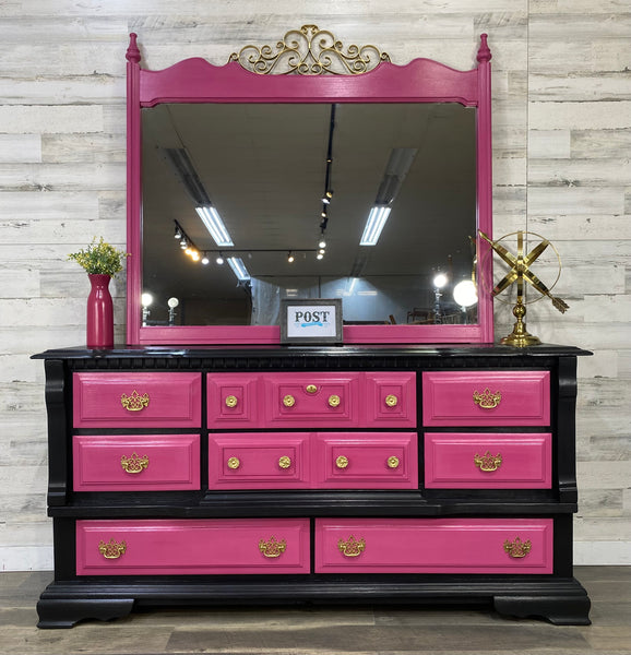 Hot Pink & Black Dresser W/ Mirror