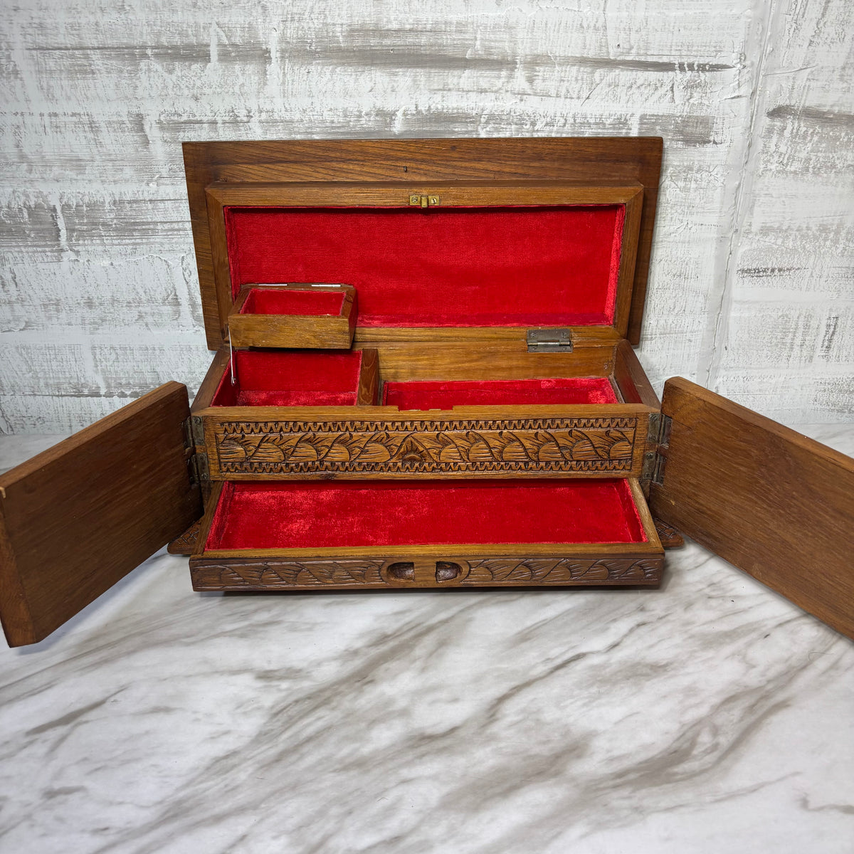 Vintage Carved Wooden Jewelry Chest