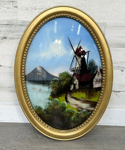 Antique "Summer in Holland" Convex Reverse Glass Painting