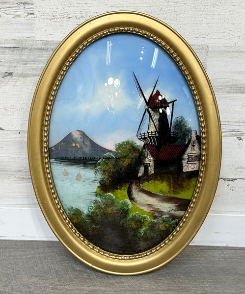 Antique "Summer in Holland" Convex Reverse Glass Painting