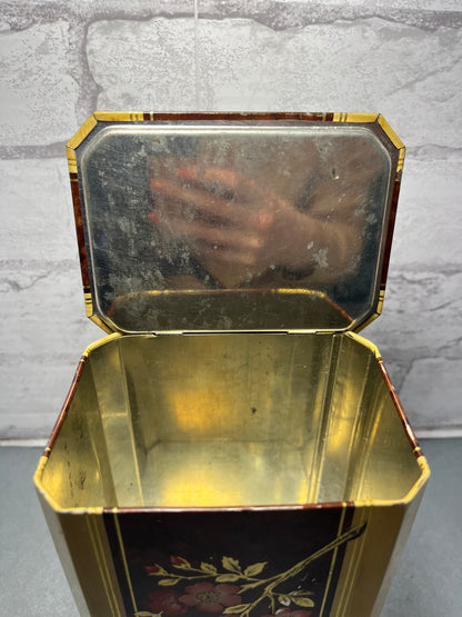 Vintage Tall Floral Pattern Tin W/ Hinge Lid