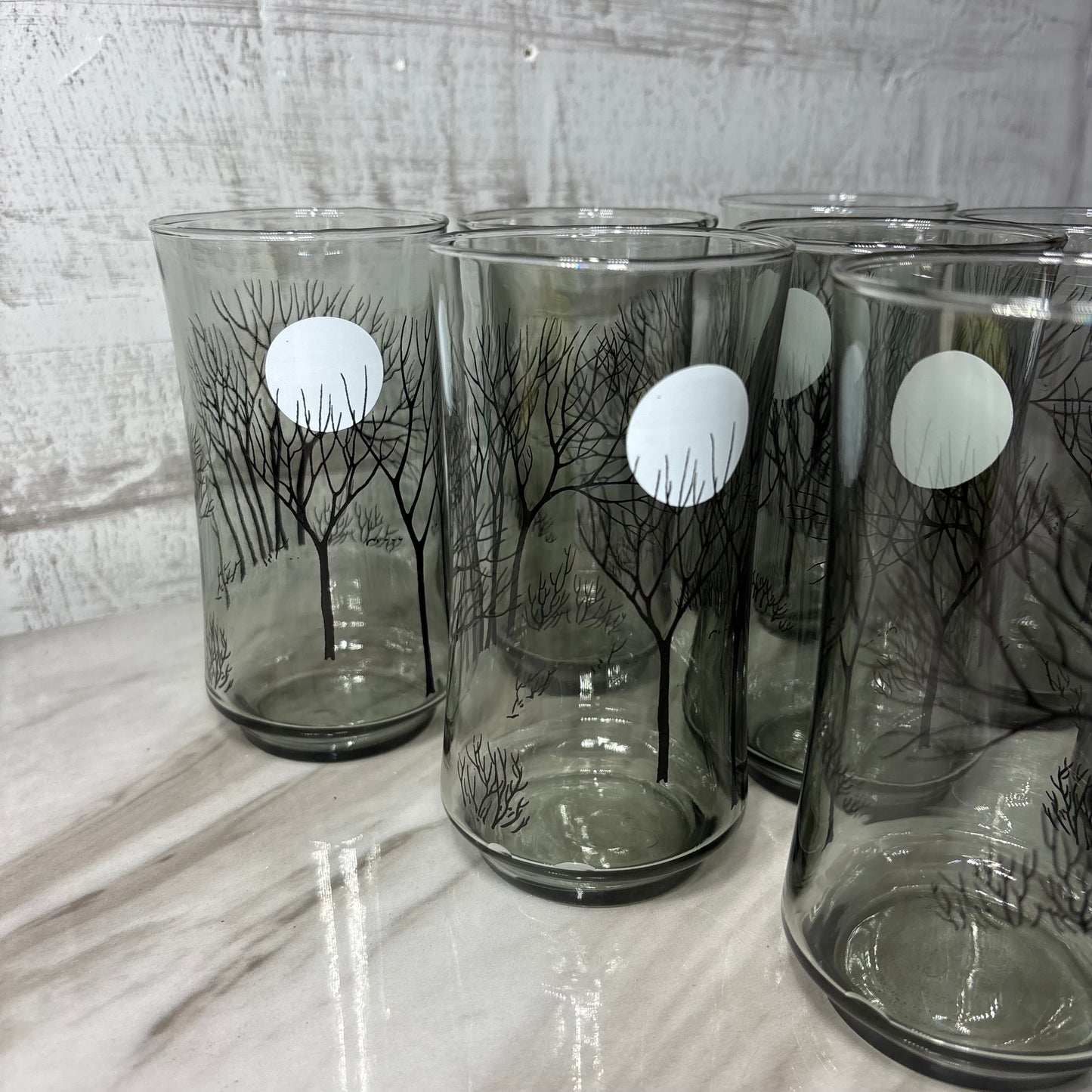 Smoked Gray Black Tree Moon Design Set Of 8 Glasses