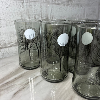 Smoked Gray Black Tree Moon Design Set Of 8 Glasses