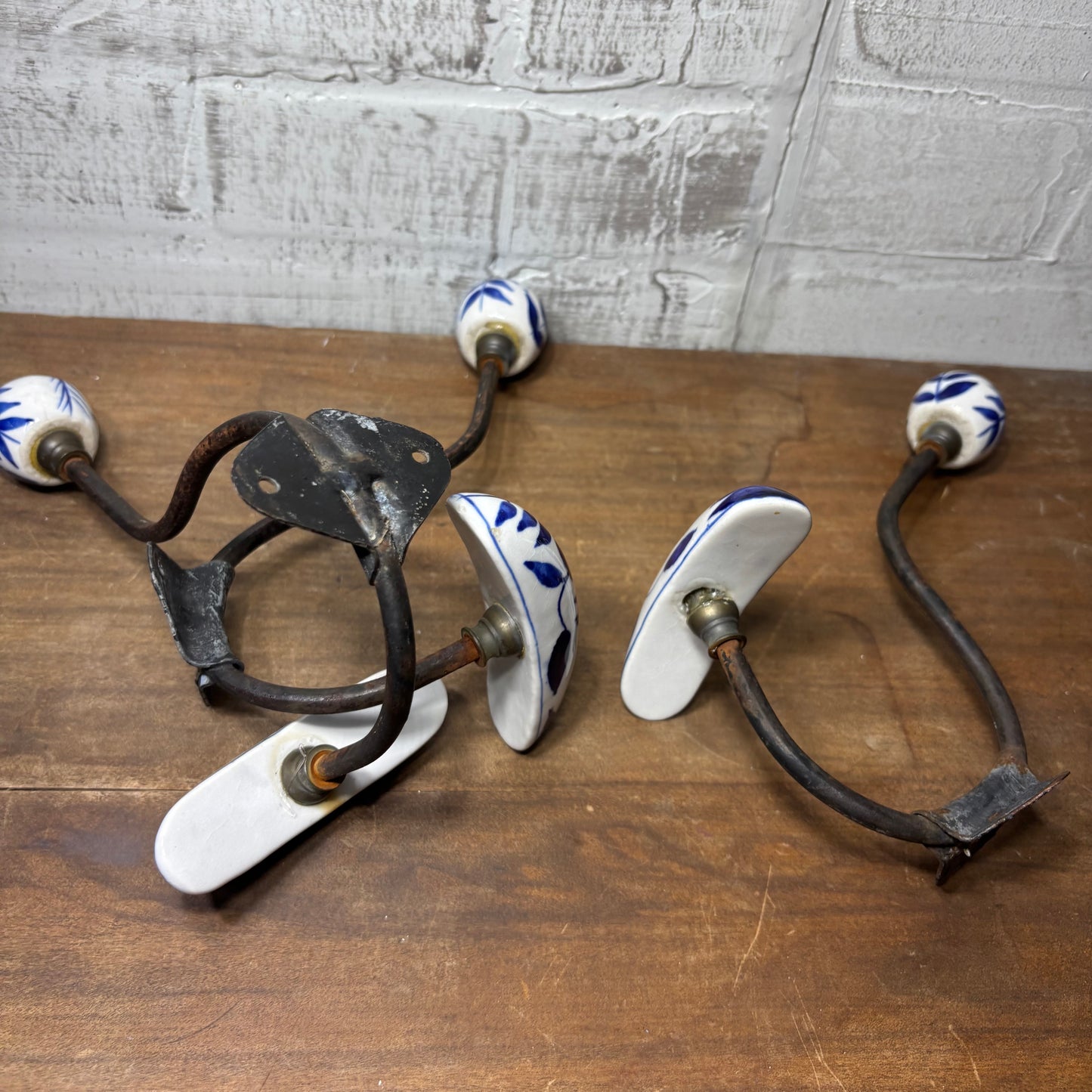 Antique Porcelain Blue And White Hooks Set Of 3