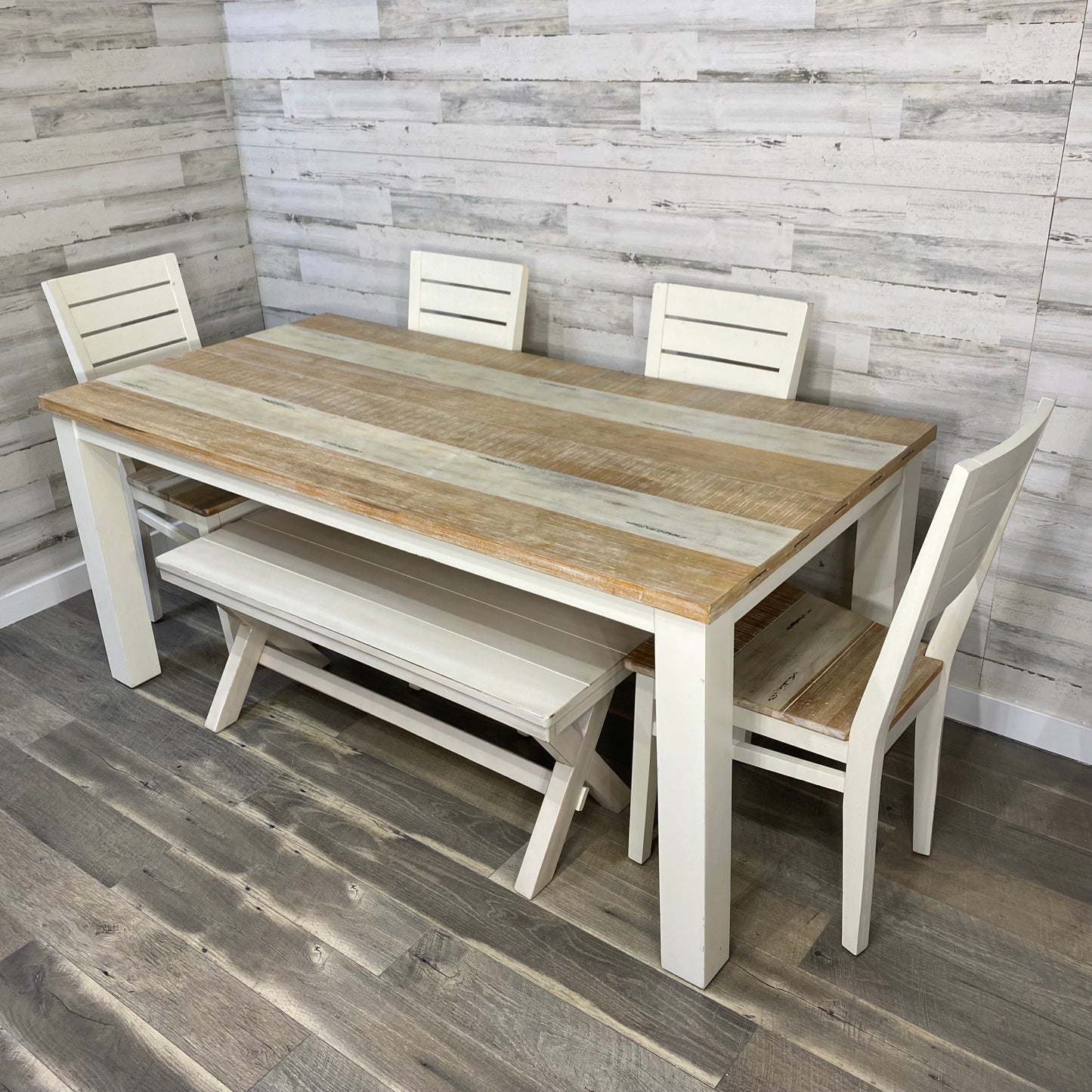 Farmhouse White Dining table, Chairs, & Bench