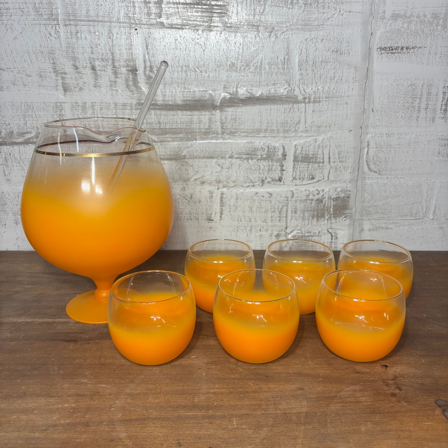 Mid Century Blendo Cocktail Set Orange Frosted Pitcher & Roly Poly Glasses