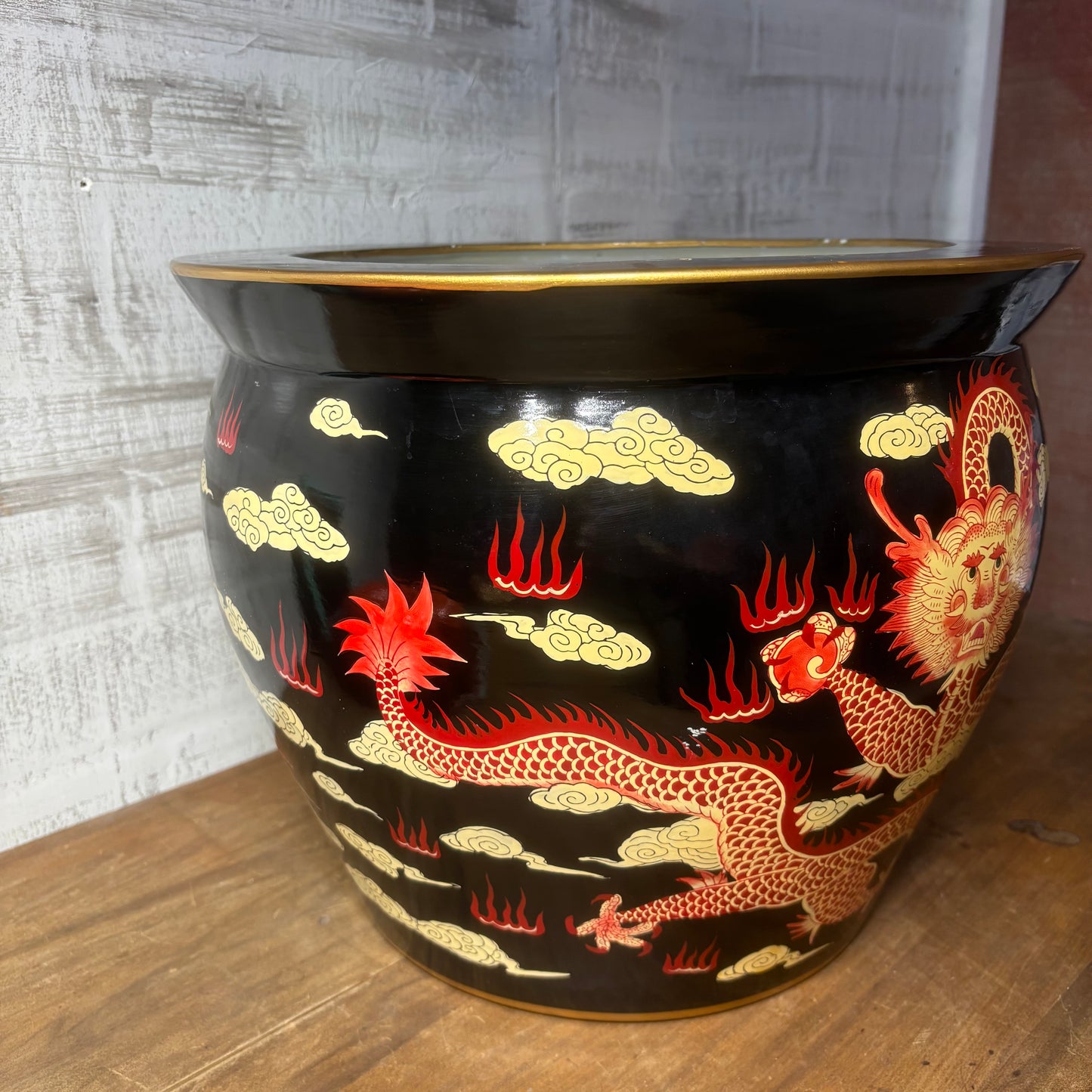 Rare Bombay Oriental Red Gold & Black Dragon Porcelain Fishbowl Planter Pot