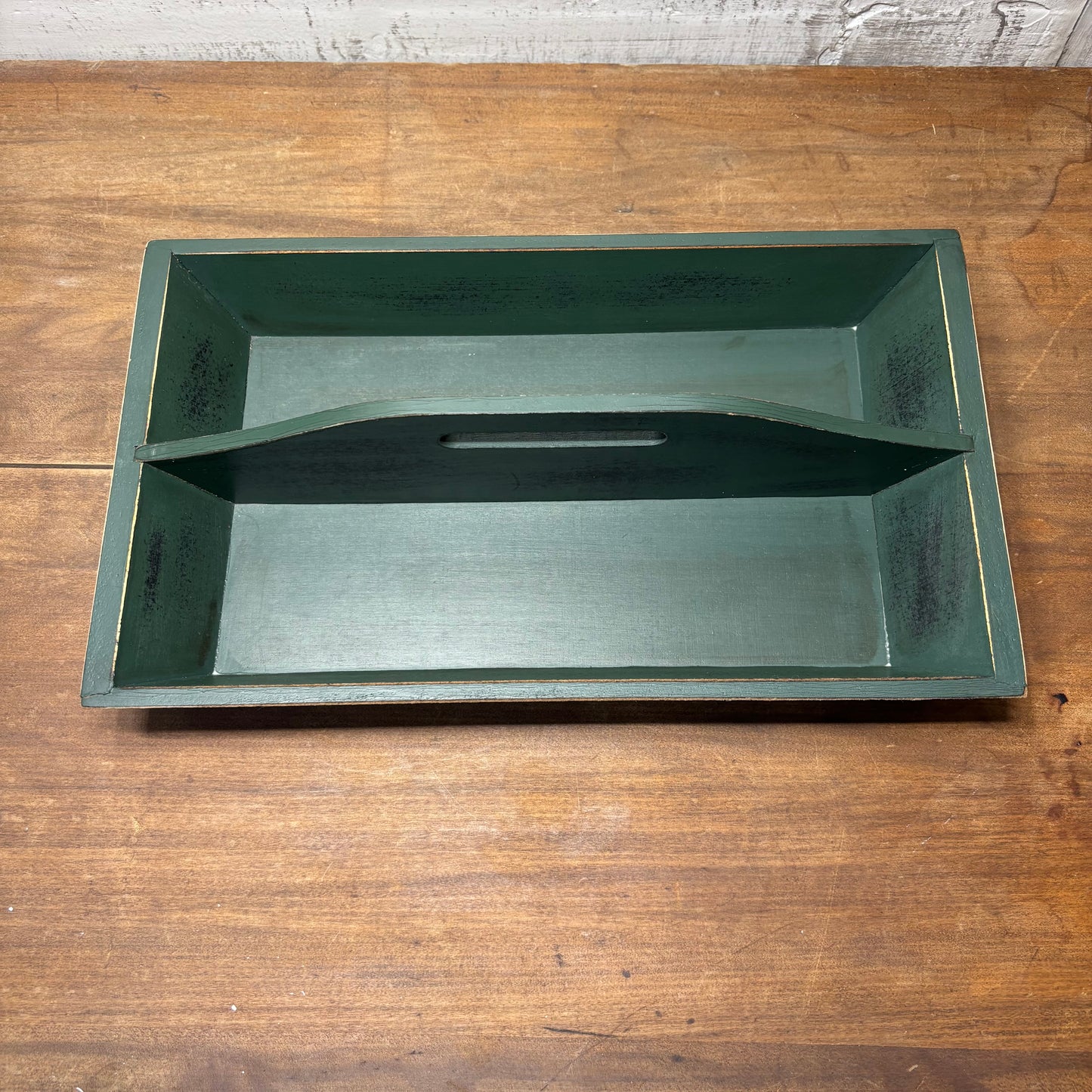 Rustic Green Wooden Serving Tray with Handle Cutout