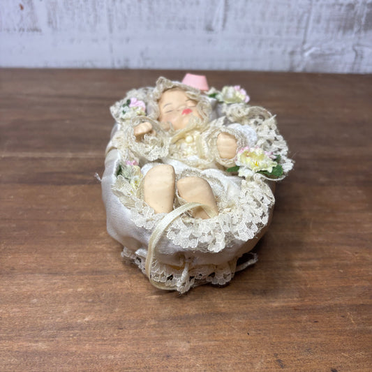 Vintage Porcelain Baby Doll in Bassinet Wicker Crib