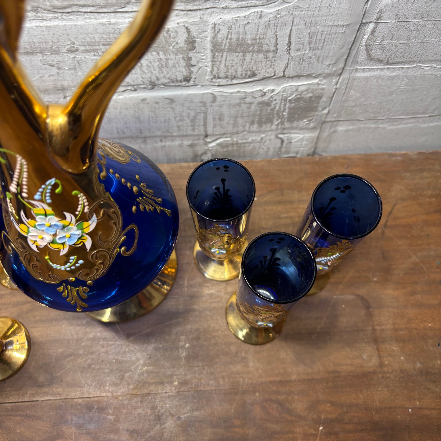 Vintage Venetian Italian Colbalt Blue Hand painted Decanter and Six Glasses