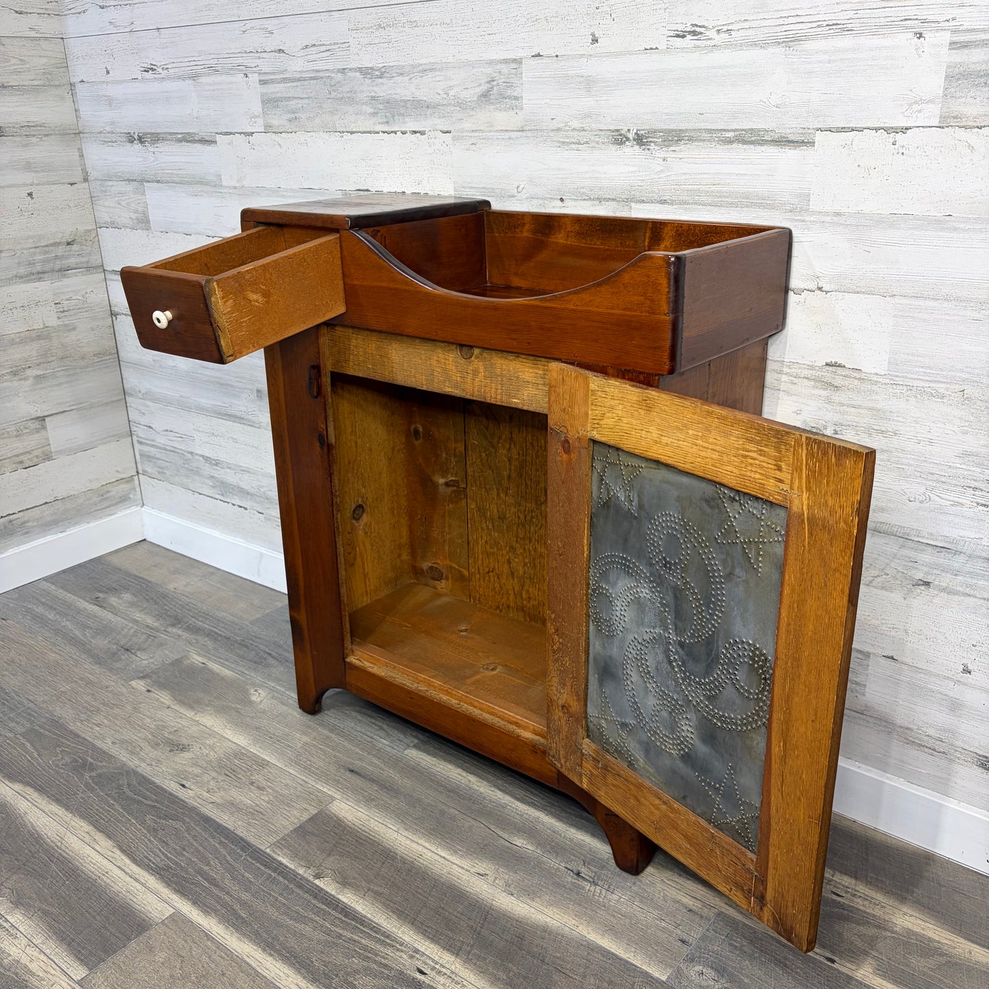 Antique Punched Tin Dry Sink Cabinet