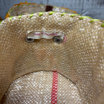 Vintage Orange Flower Raffia Straw Tote Cabana Bag