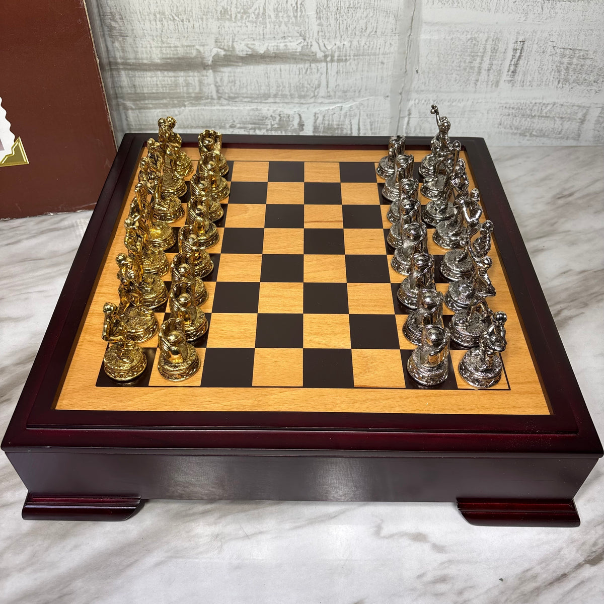 Vintage Merkury Gaming Baseball Chess Set with Wooden Storage Box