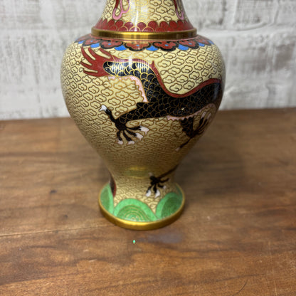 Vintage Cloisonné Asian Dragon Design Brass Vase