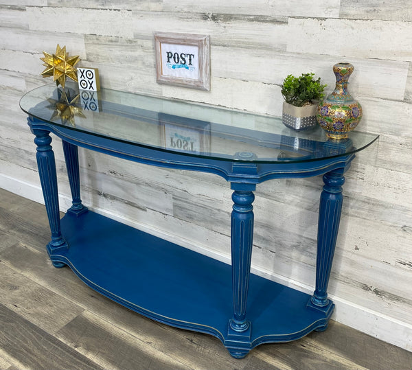 Navy Blue Sofa Table W/ Glass Top