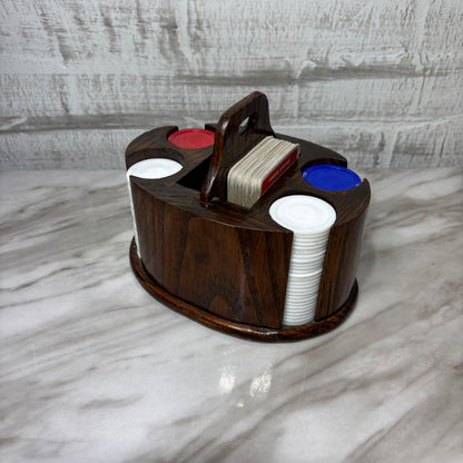 Vintage Oval Wooden Poker Chip Card Holder Caddy
