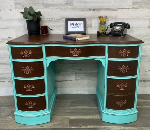 Antique Teal & Dark Wood Desk