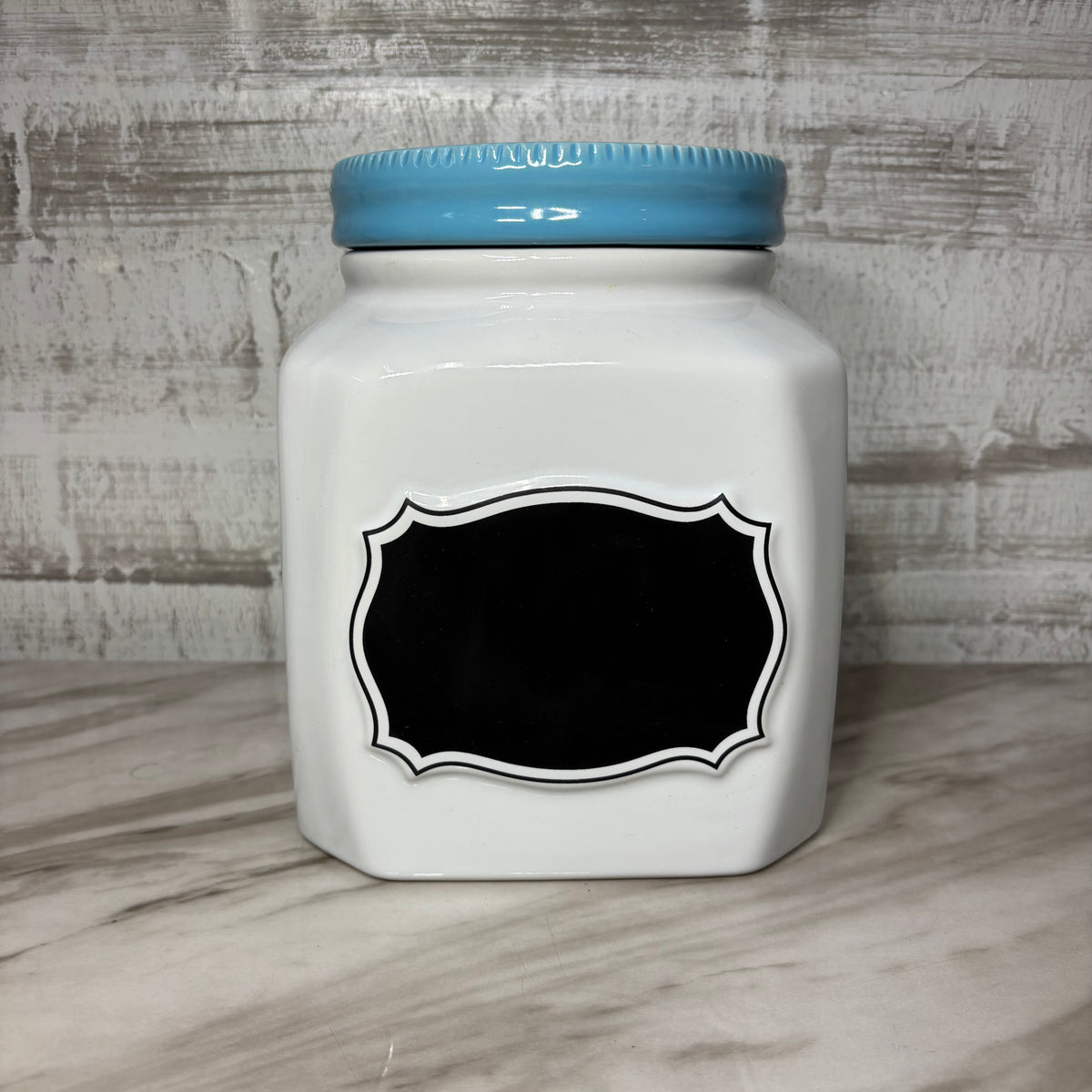Small White Ceramic Canister W/ Blue Lid Chalkboard Label