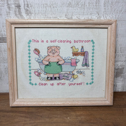 Hand Made Cross Stitched "Self Cleaning Bathroom" Wall Art