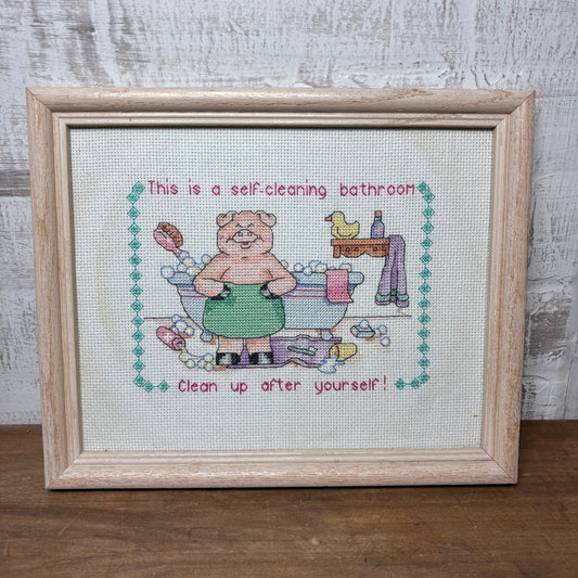 Hand Made Cross Stitched "Self Cleaning Bathroom" Wall Art
