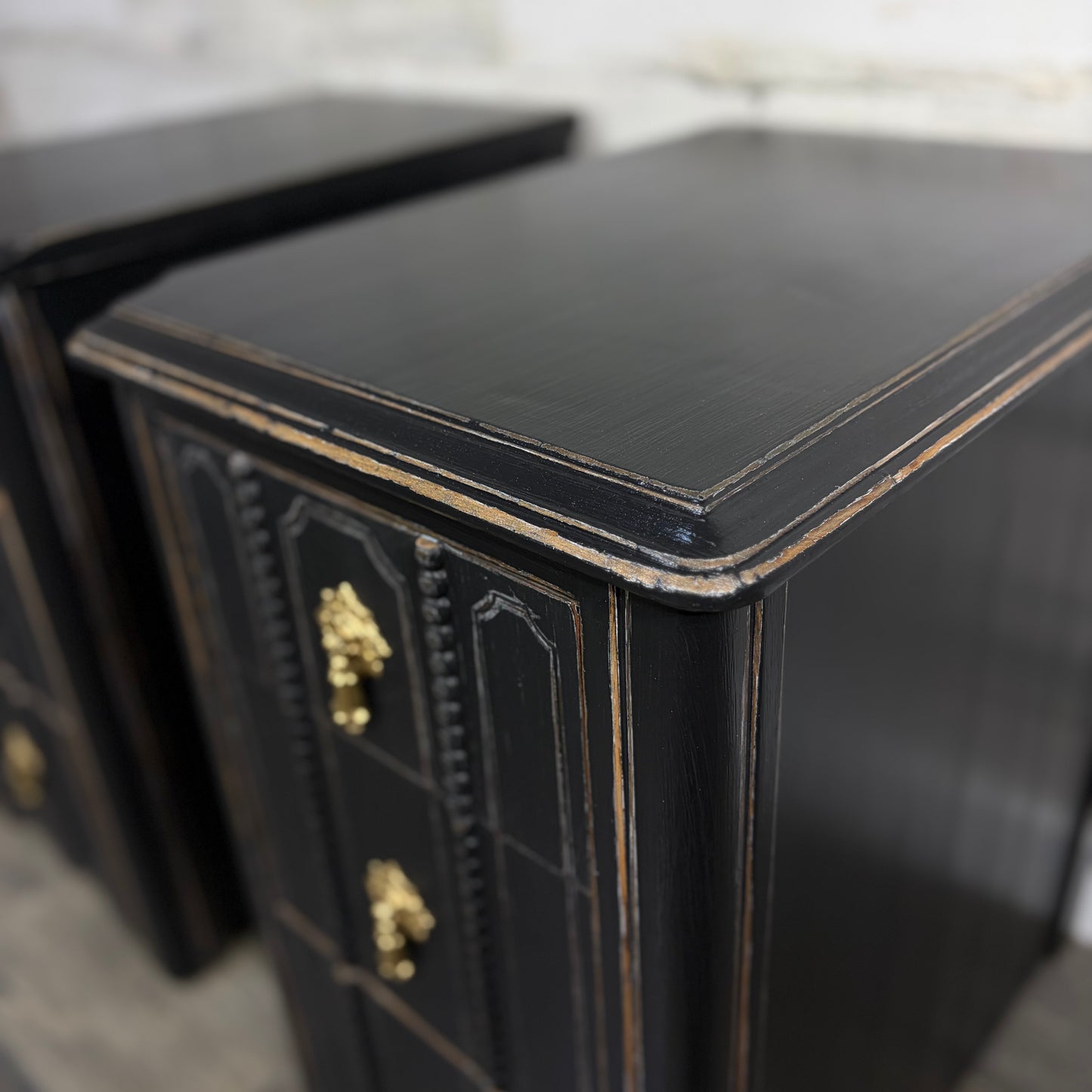 Set Of 2 Antique Black Nightstands