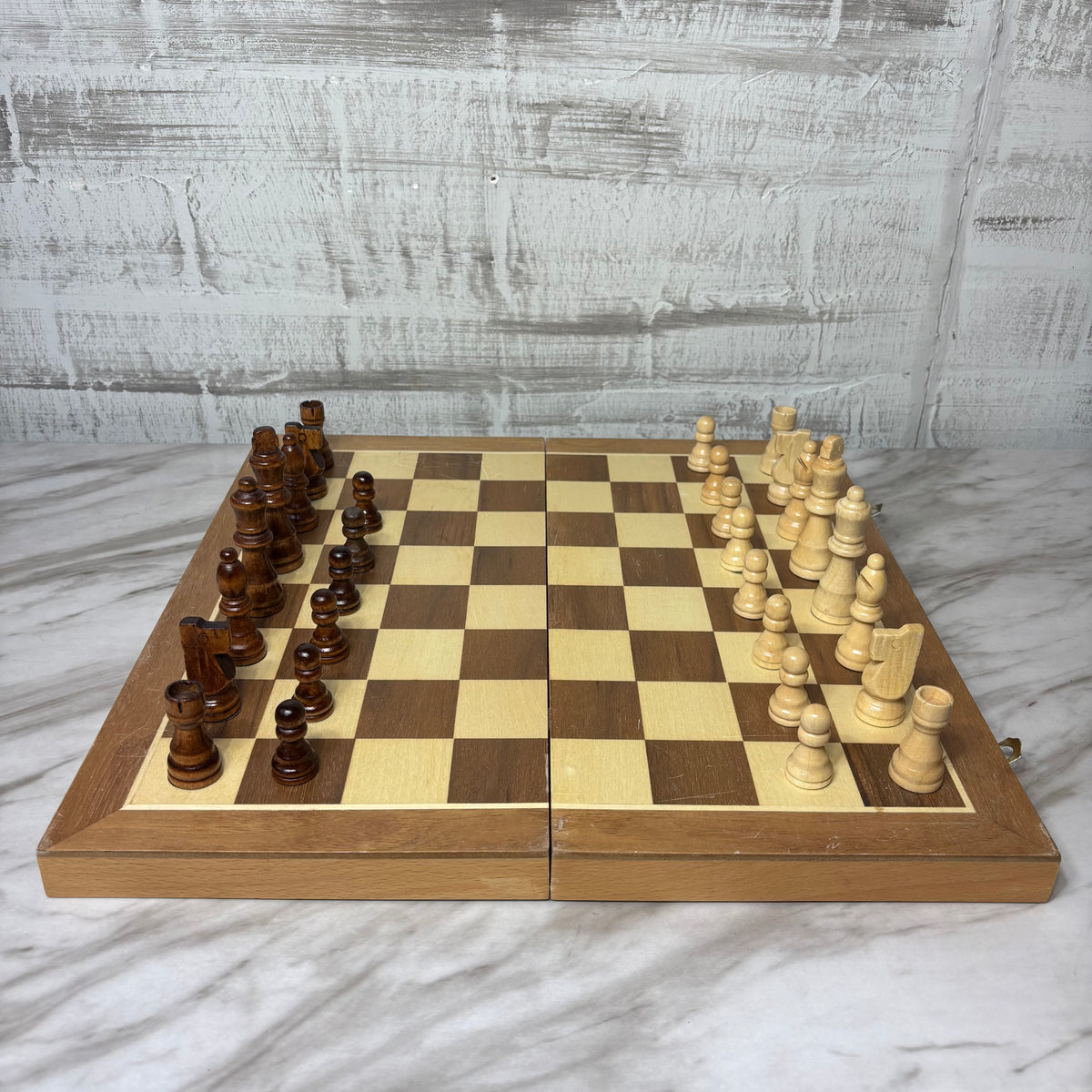 Vintage Wooden Folding Travel Chess Board with Pieces
