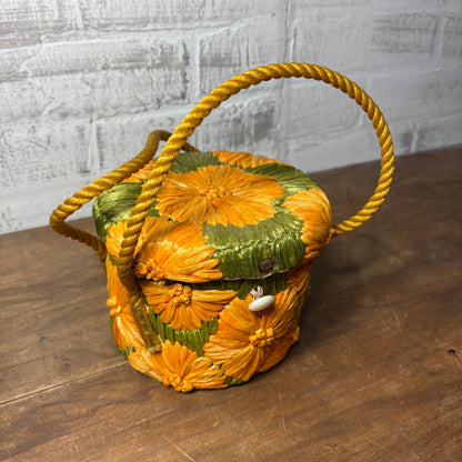 Vintage Orange Flower Raffia Straw Tote Cabana Bag