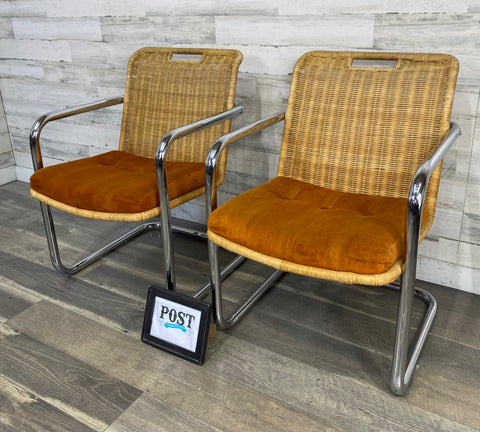 Harvey Probber Style Chromcraft Mid Century Cane Wicker and Chrome Dining Chairs - Set of 2