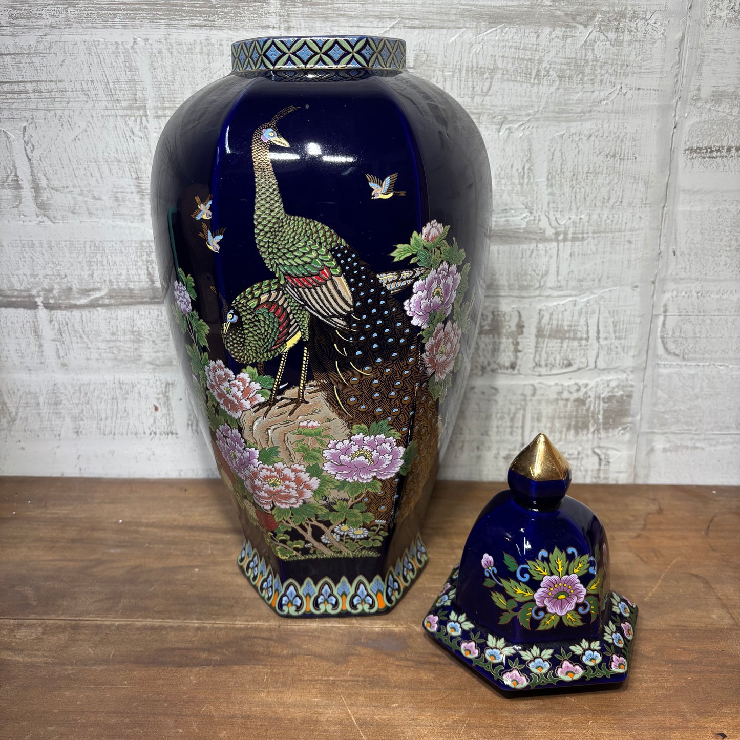Vintage Japanese Peacock Design Cobalt Blue Vase With Lid