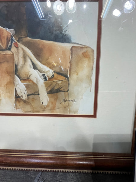 Framed Barbara Shipman “Tired Dog” Yellow Lab Painting