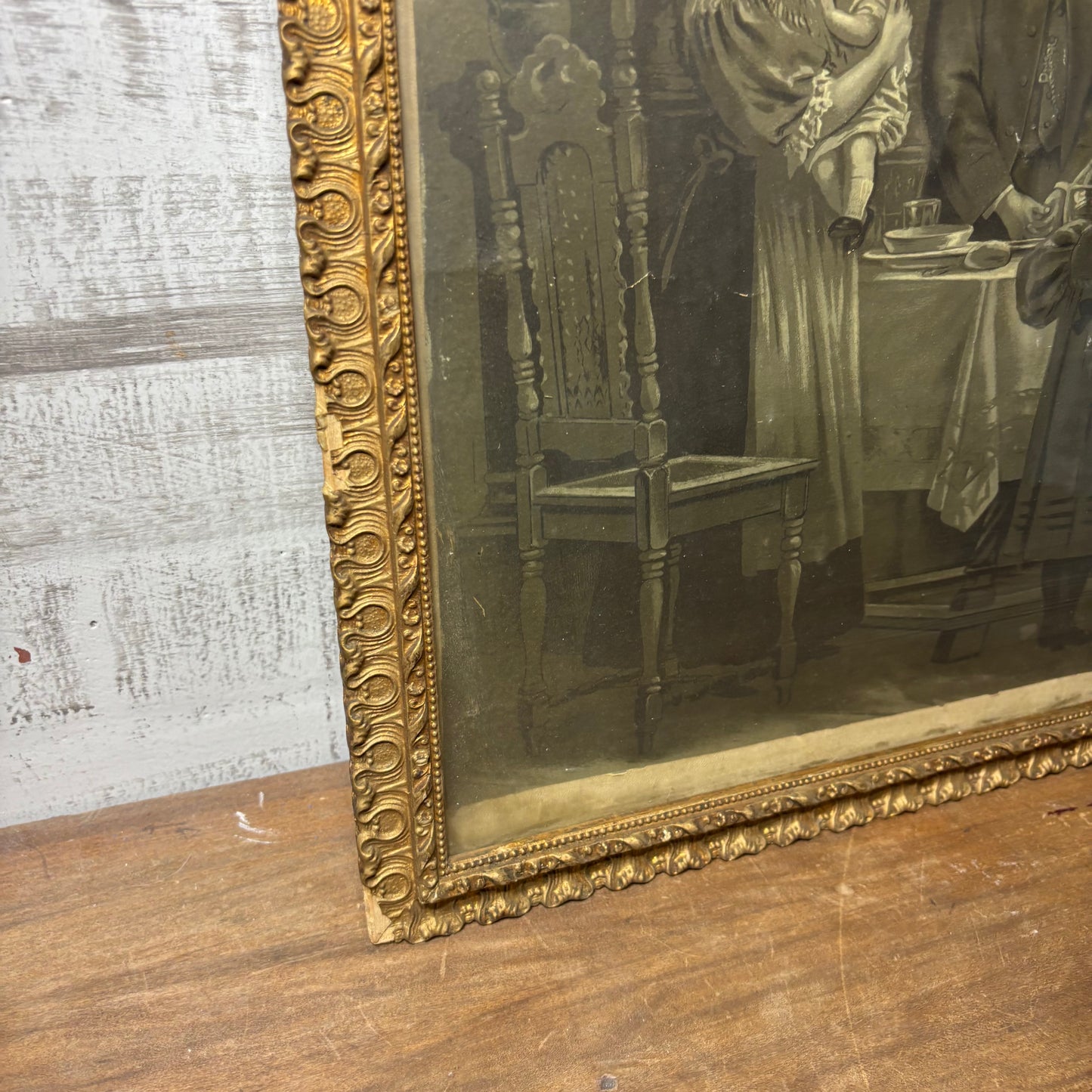 Framed Antique Print “Jesus Blessing Meal with Victorian Family at Dinner Table”