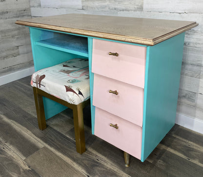Teal & Pink Mid Century Vanity Desk Set