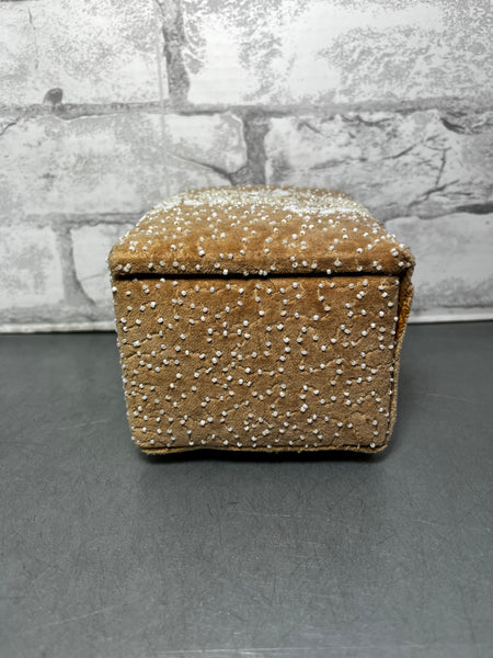 Vintage Tan Velvet W/ Sewn Beads Jewelry Box