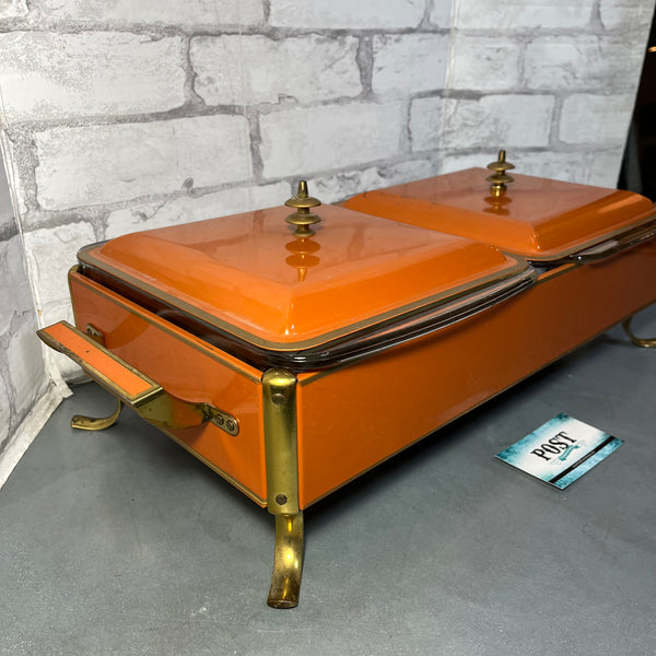 Vintage Rare Double Enamel Orange Fire King Chafing/Serving Dish